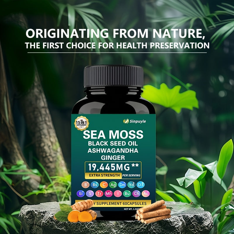 Sea Moss Shila Combo Bundle, Sea Moss 10000mg, Shila 12000mg, Black Seed Oil 12000mg, Ashwagandha 4000mg, Rhodiola Rosea1000mg, Burdock 4000mg, Turmeric 2500mg, Ginger, VitC, VitD3 (60)