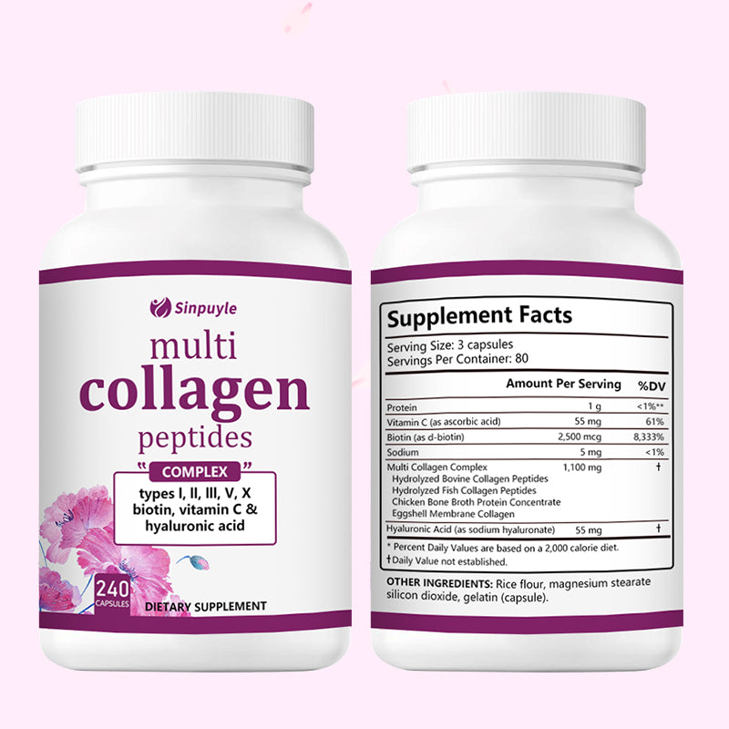 Multi Collagen Complex for Women, 90 Capsules Type I, II, III, V, X with Hyaluronic Acid, Biotin, & Vitamin C Hydrolyzed Protein Peptides Keto & Paleo Friendly