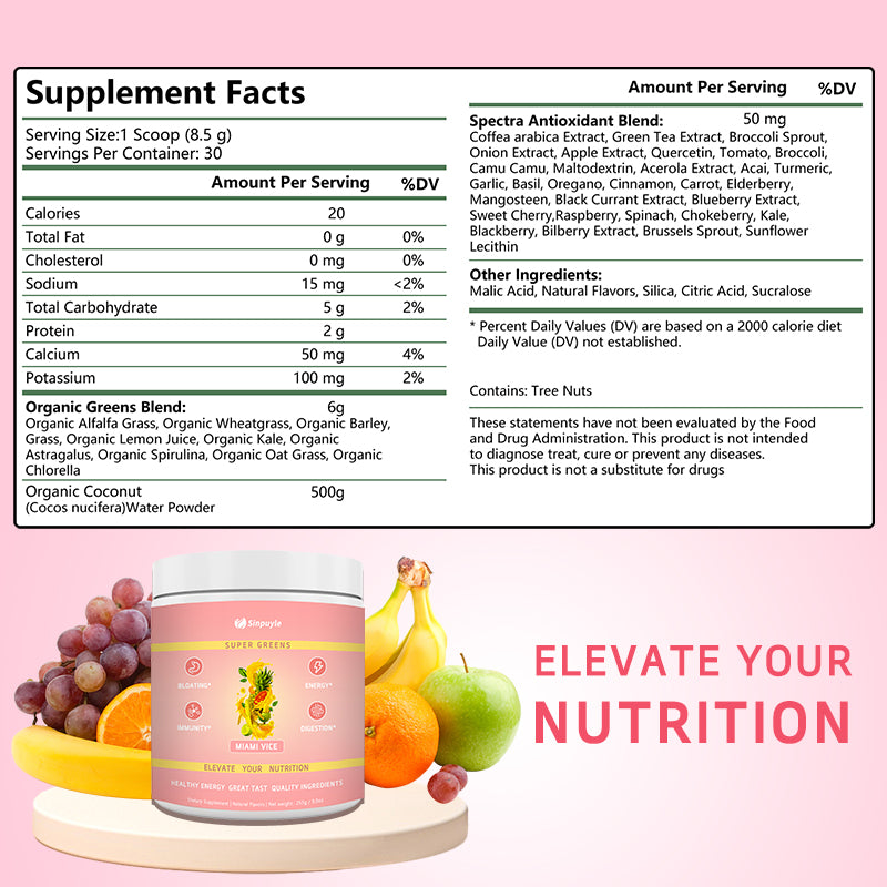 Nutrition Super Greens GreensPowder with Spirulina & Chlorella for Digestion, GutHealth, Immunity & Energy, Vegan, Miami Vice