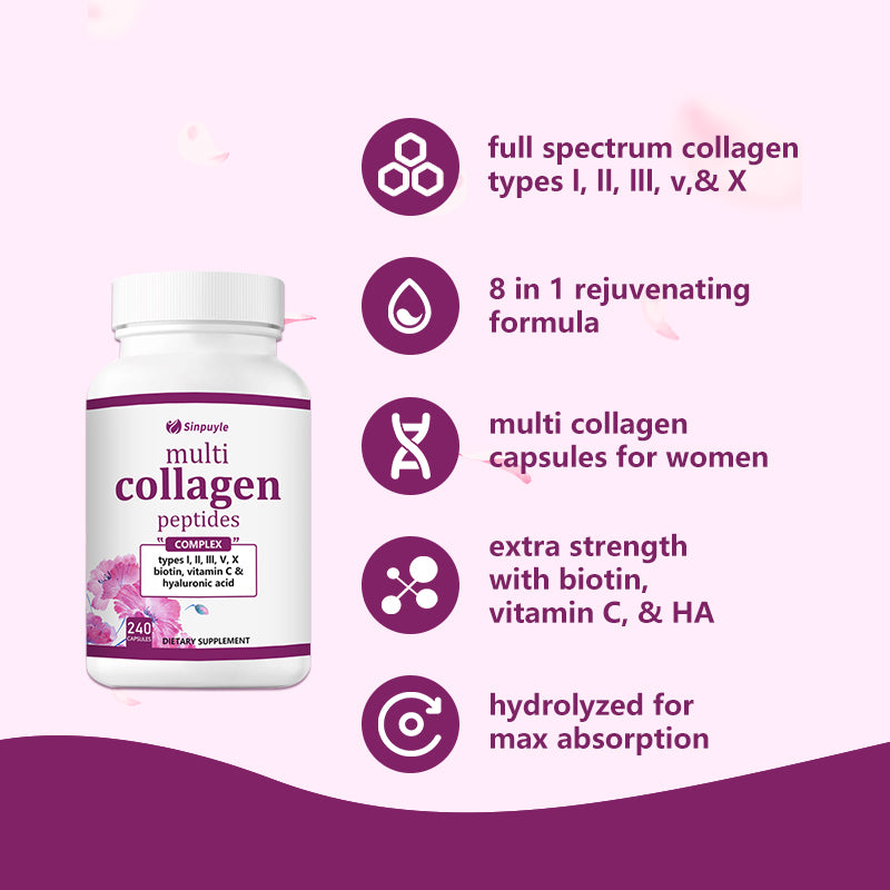 Multi Collagen Complex for Women, 90 Capsules Type I, II, III, V, X with Hyaluronic Acid, Biotin, & Vitamin C Hydrolyzed Protein Peptides Keto & Paleo Friendly