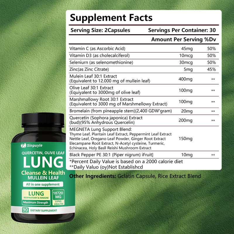60 Capsules Lung Health Formula - Lung Cleanse Supplement With Mullein Leaf, Vitamin C&D3, Selenium, Zinc, Quercetin & Bromelain For Respiratory, Breathing & Bronchial Health