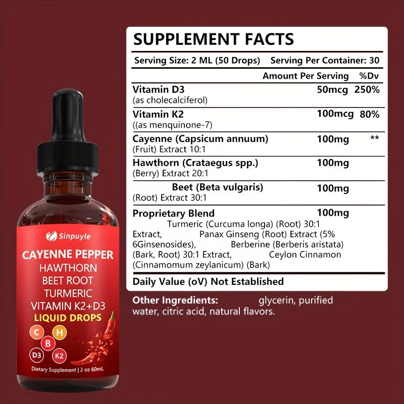Cayenne Pepper Supplement Liquid Drops + Hawthorn Berry, Vitamin D3 K2Beet Root Powder, Ceylon Cinnamon, Turmeric Curcumin, Panax Ginseng