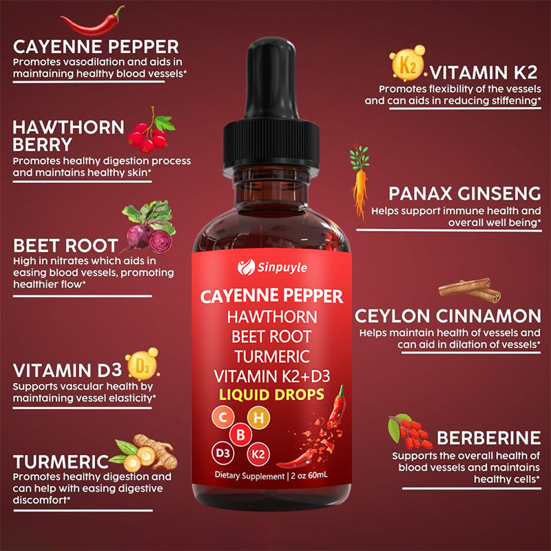Cayenne Pepper Supplement Liquid Drops + Hawthorn Berry, Vitamin D3 K2Beet Root Powder, Ceylon Cinnamon, Turmeric Curcumin, Panax Ginseng