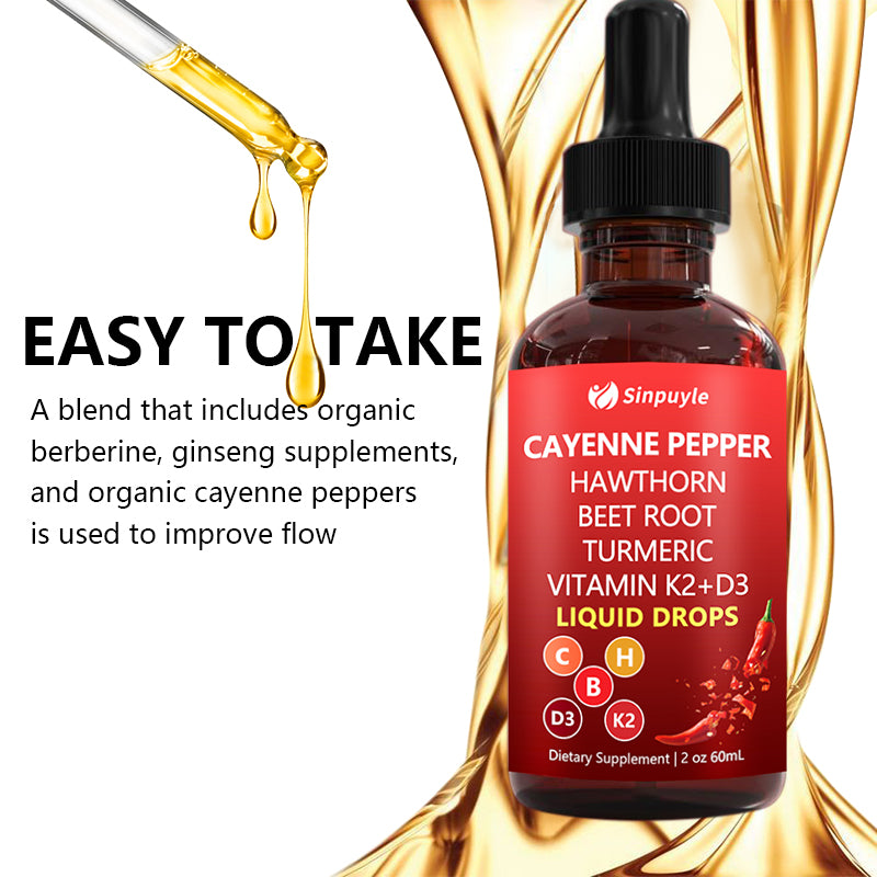 Cayenne Pepper Supplement Liquid Drops + Hawthorn Berry, Vitamin D3 K2Beet Root Powder, Ceylon Cinnamon, Turmeric Curcumin, Panax Ginseng