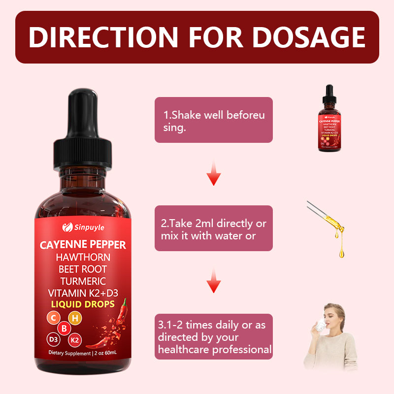 Cayenne Pepper Supplement Liquid Drops + Hawthorn Berry, Vitamin D3 K2Beet Root Powder, Ceylon Cinnamon, Turmeric Curcumin, Panax Ginseng