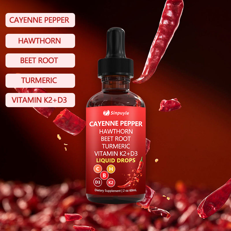 Cayenne Pepper Supplement Liquid Drops + Hawthorn Berry, Vitamin D3 K2Beet Root Powder, Ceylon Cinnamon, Turmeric Curcumin, Panax Ginseng