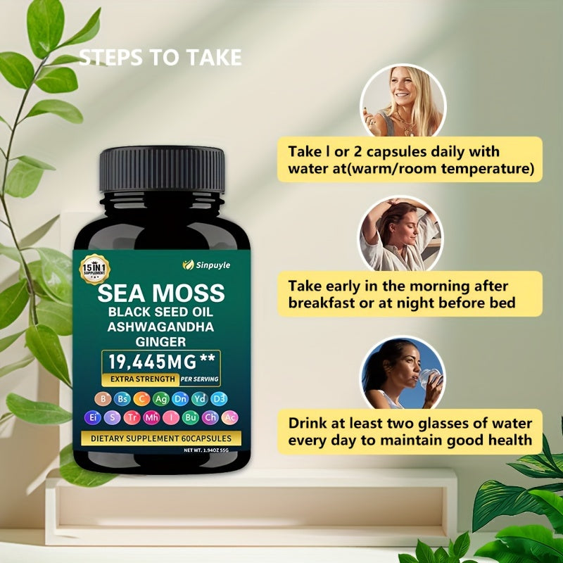 Sea Moss Shila Combo Bundle, Sea Moss 10000mg, Shila 12000mg, Black Seed Oil 12000mg, Ashwagandha 4000mg, Rhodiola Rosea1000mg, Burdock 4000mg, Turmeric 2500mg, Ginger, VitC, VitD3 (60)