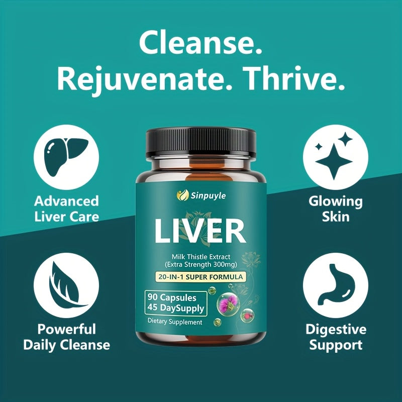 90 capsules - Herbal liver support supplement, containing milk thistle, turmeric, dandelion roots, and grapes, comprehensively caring for liver health - a detoxification and repair formula featuring silymarin to enhance liver cleansing function.