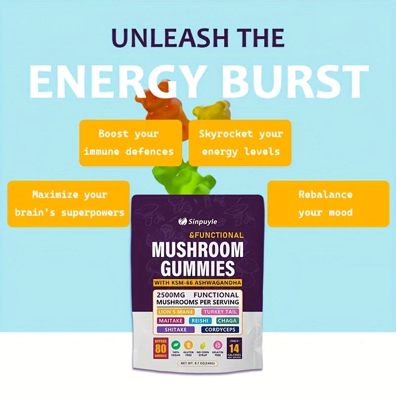 1/2/3 Bags of Mushroom Gummies to Supplement Gummies - Comprehensive Mushroom Supplement, South African Drunk Coffee Gummies, Holiday Gift, 80 Gummies per Bag
