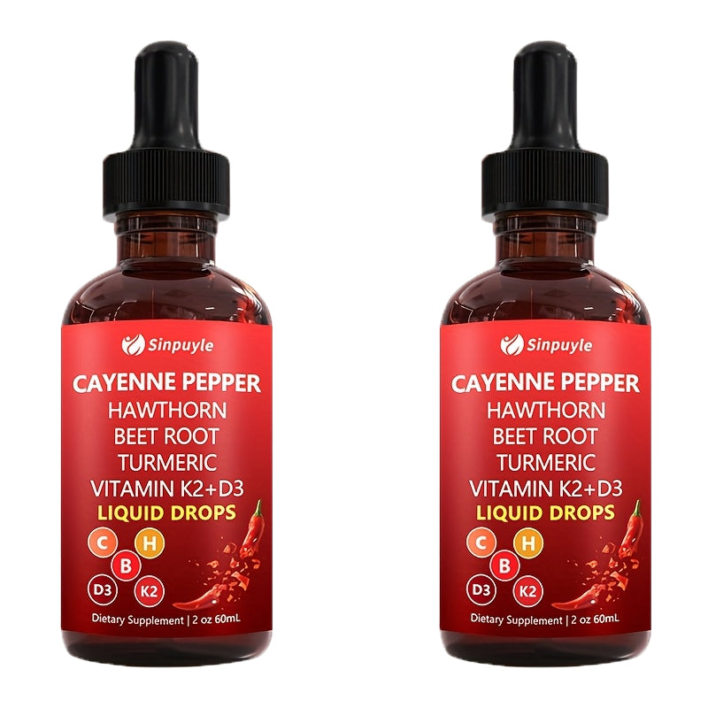 Cayenne Pepper Supplement Liquid Drops + Hawthorn Berry, Vitamin D3 K2Beet Root Powder, Ceylon Cinnamon, Turmeric Curcumin, Panax Ginseng