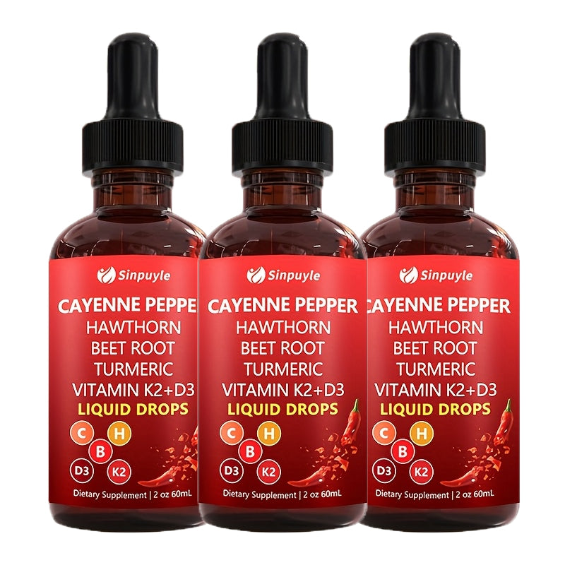 Cayenne Pepper Supplement Liquid Drops + Hawthorn Berry, Vitamin D3 K2Beet Root Powder, Ceylon Cinnamon, Turmeric Curcumin, Panax Ginseng