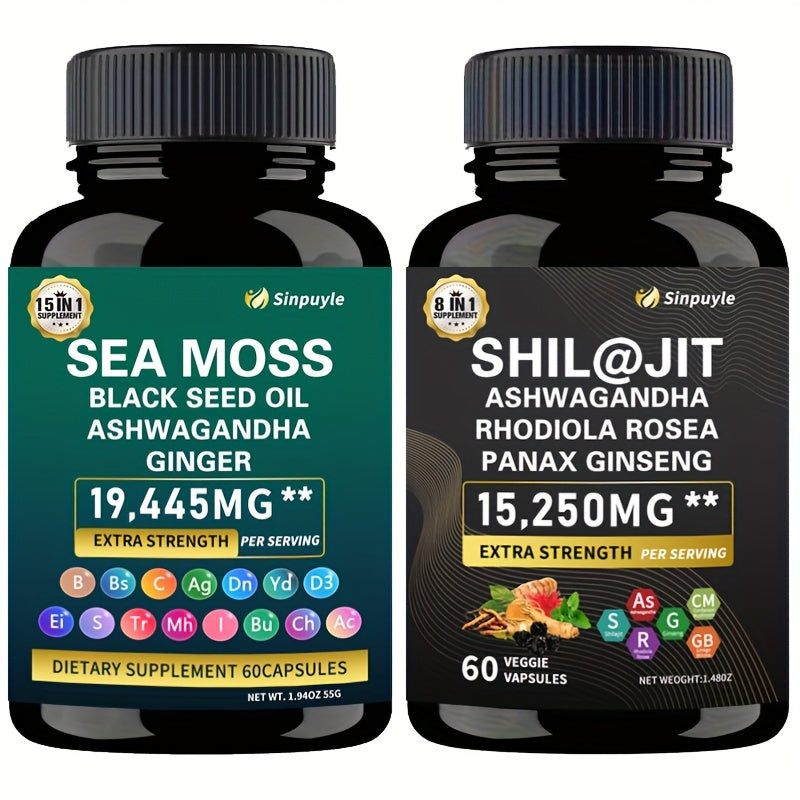 Sea Moss Shila Combo Bundle, Sea Moss 10000mg, Shila 12000mg, Black Seed Oil 12000mg, Ashwagandha 4000mg, Rhodiola Rosea1000mg, Burdock 4000mg, Turmeric 2500mg, Ginger, VitC, VitD3 (60)