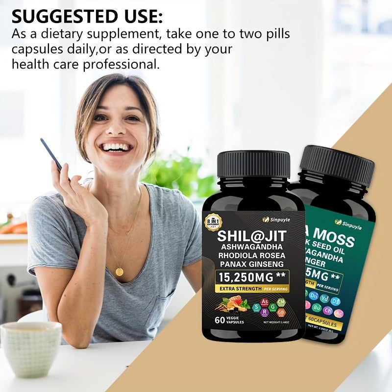 Sea Moss Shila Combo Bundle, Sea Moss 10000mg, Shila 12000mg, Black Seed Oil 12000mg, Ashwagandha 4000mg, Rhodiola Rosea1000mg, Burdock 4000mg, Turmeric 2500mg, Ginger, VitC, VitD3 (60)