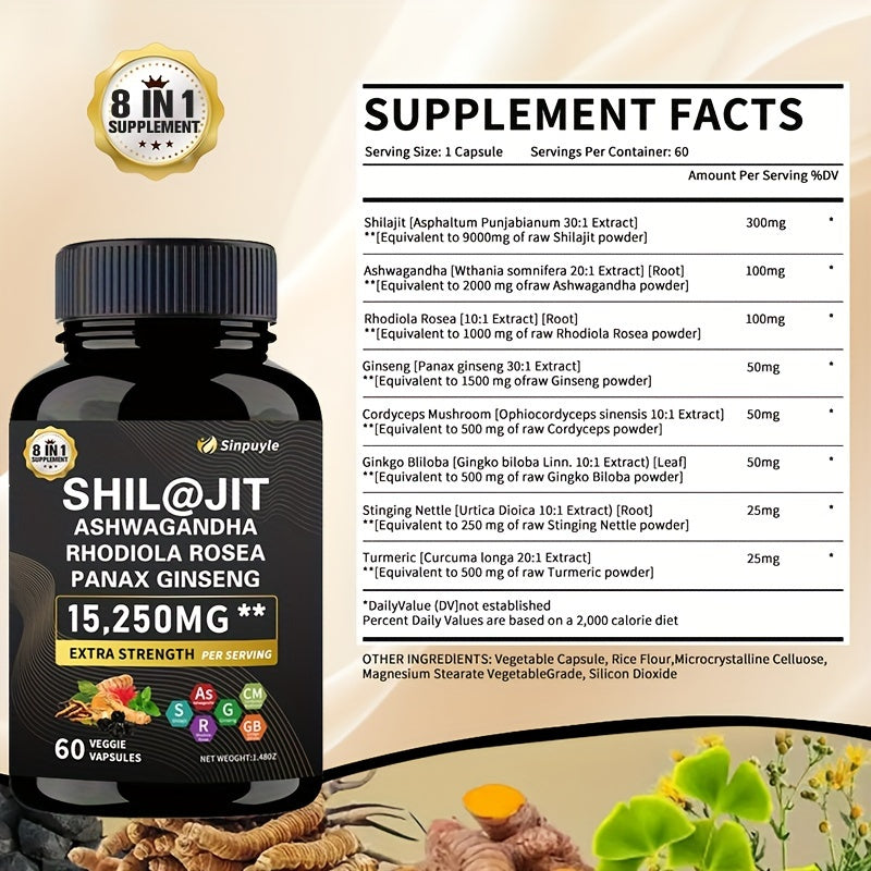 Sea Moss Shila Combo Bundle, Sea Moss 10000mg, Shila 12000mg, Black Seed Oil 12000mg, Ashwagandha 4000mg, Rhodiola Rosea1000mg, Burdock 4000mg, Turmeric 2500mg, Ginger, VitC, VitD3 (60)