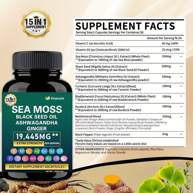 Sea Moss Shila Combo Bundle, Sea Moss 10000mg, Shila 12000mg, Black Seed Oil 12000mg, Ashwagandha 4000mg, Rhodiola Rosea1000mg, Burdock 4000mg, Turmeric 2500mg, Ginger, VitC, VitD3 (60)