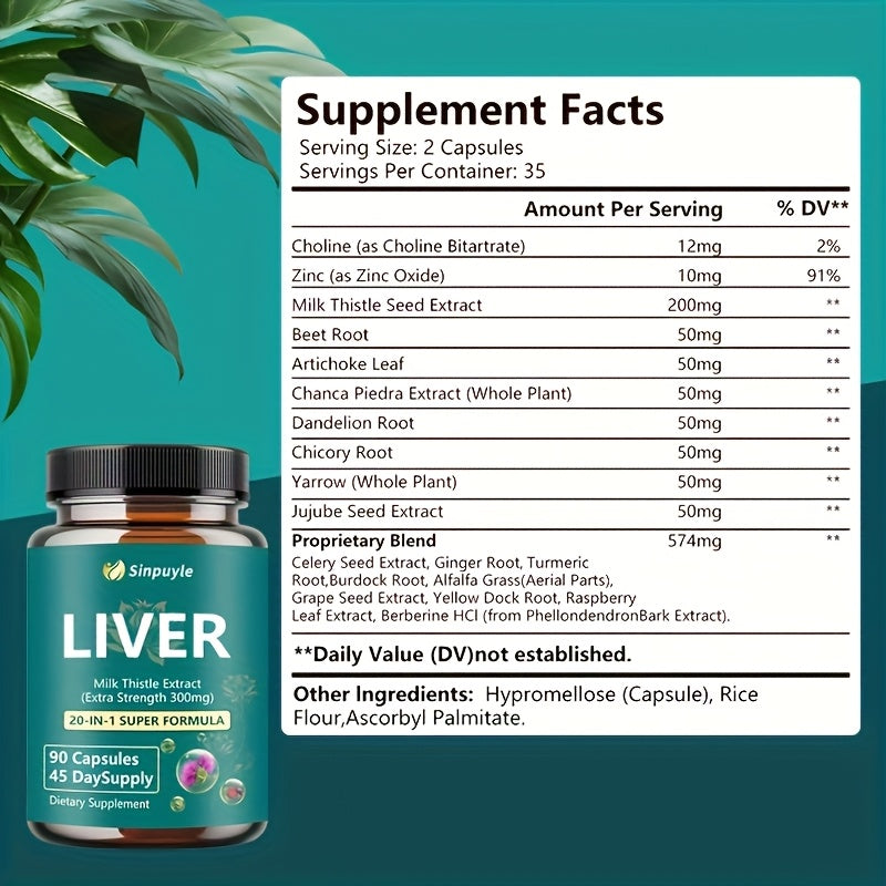 90 capsules - Herbal liver support supplement, containing milk thistle, turmeric, dandelion roots, and grapes, comprehensively caring for liver health - a detoxification and repair formula featuring silymarin to enhance liver cleansing function.
