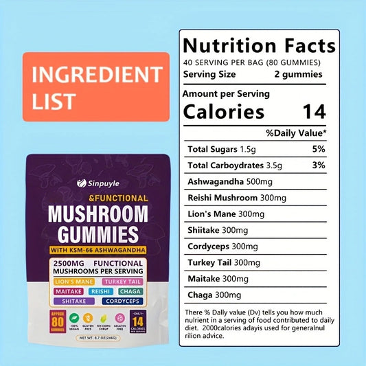 1/2/3 Bags of Mushroom Gummies to Supplement Gummies - Comprehensive Mushroom Supplement, South African Drunk Coffee Gummies, Holiday Gift, 80 Gummies per Bag