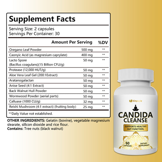 Candida Cleanse, Oreganoleaf, Aloe Vera, Wormwood, Black Wainut Hul, Gut Colon Cleanse Detox, Feminine Balance Complex, Natural Herbal Formula