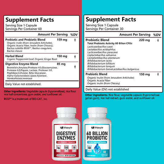 Advanced Gut Health Bundle: 60 Billion Probiotics & Digestive Enzymes For Gut Support, 60 Capsules Per Bottle