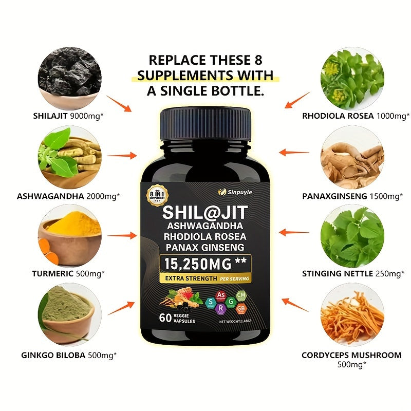 Sea Moss Shila Combo Bundle, Sea Moss 10000mg, Shila 12000mg, Black Seed Oil 12000mg, Ashwagandha 4000mg, Rhodiola Rosea1000mg, Burdock 4000mg, Turmeric 2500mg, Ginger, VitC, VitD3 (60)