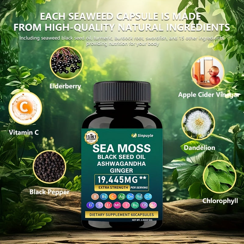 Sea Moss Shila Combo Bundle, Sea Moss 10000mg, Shila 12000mg, Black Seed Oil 12000mg, Ashwagandha 4000mg, Rhodiola Rosea1000mg, Burdock 4000mg, Turmeric 2500mg, Ginger, VitC, VitD3 (60)
